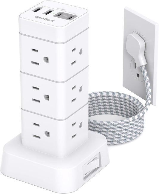 Tower Power Bars with Surge Protector, 12 Widely Outlets 4 USB (2 USB C) Desktop Charging Station, 6Ft Flat Plug Extension Cord with Multiple Outlets, Home Office College Dorm Essentials