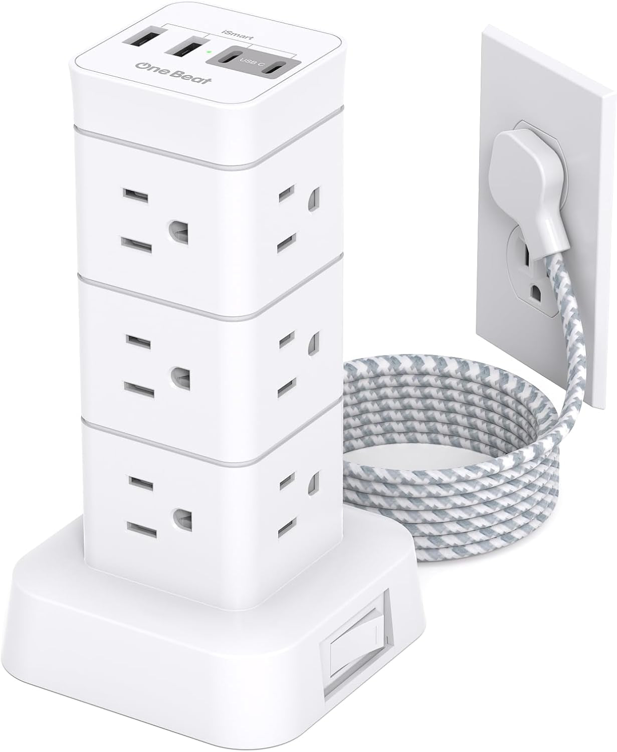 Tower Power Bars with Surge Protector, 12 Widely Outlets 4 USB (2 USB C) Desktop Charging Station, 6Ft Flat Plug Extension Cord with Multiple Outlets, Home Office College Dorm Essentials